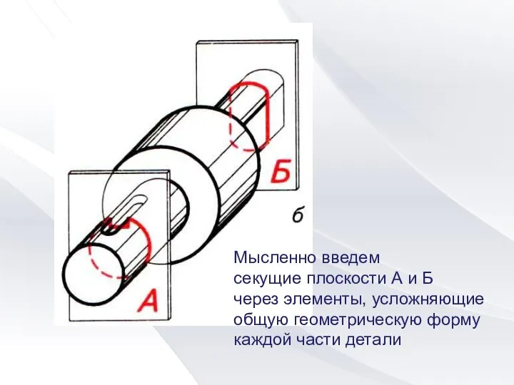 Мысленно введем секущие плоскости А и Б через элементы, усложняющие общую геометрическую форму каждой части детали