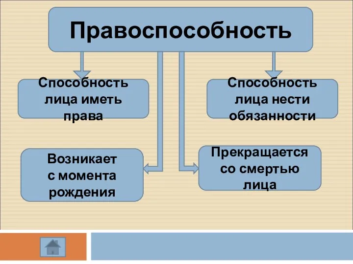 Правоспособность Способность лица иметь права Способность лица нести обязанности Возникает с