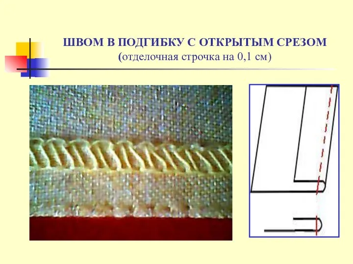 ШВОМ В ПОДГИБКУ С ОТКРЫТЫМ СРЕЗОМ (отделочная строчка на 0,1 см)