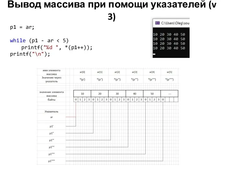 Вывод массива при помощи указателей (v 3) p1 = ar; while