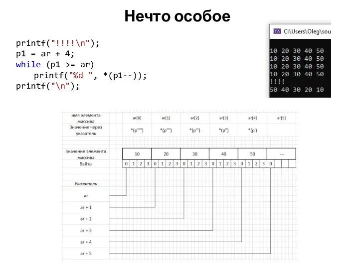 Нечто особое printf("!!!!\n"); p1 = ar + 4; while (p1 >= ar) printf("%d ", *(p1--)); printf("\n");