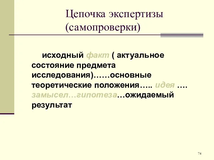 Цепочка экспертизы (самопроверки) исходный факт ( актуальное состояние предмета исследования)……основные теоретические положения….. идея ….замысел…гипотеза…ожидаемый результат