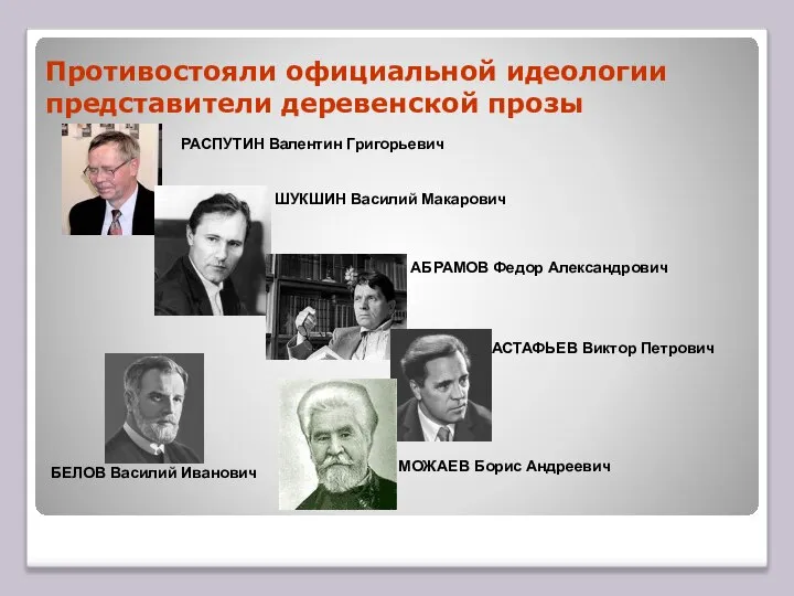 Противостояли официальной идеологии представители деревенской прозы АБРАМОВ Федор Александрович АСТАФЬЕВ Виктор