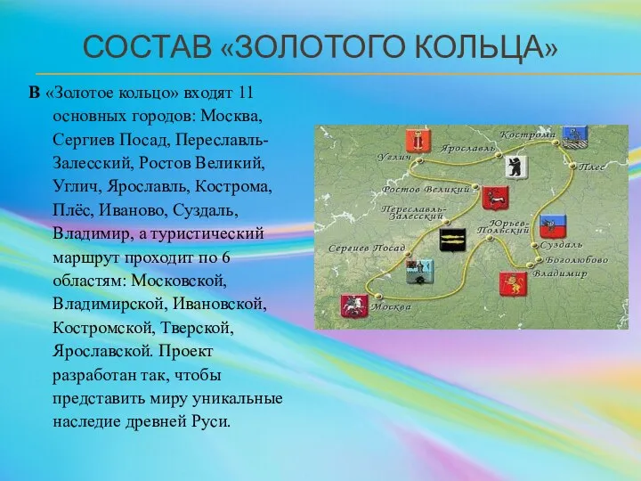 СОСТАВ «ЗОЛОТОГО КОЛЬЦА» В «Золотое кольцо» входят 11 основных городов: Москва,