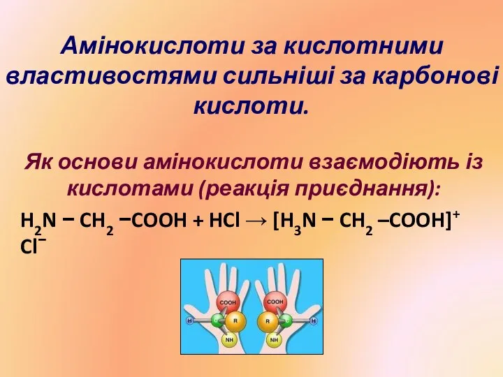 Амінокислоти за кислотними властивостями сильніші за карбонові кислоти. Як основи амінокислоти