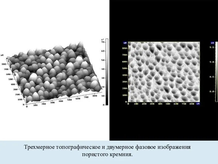 Трехмерное топографическое и двумерное фазовое изображения пористого кремния.