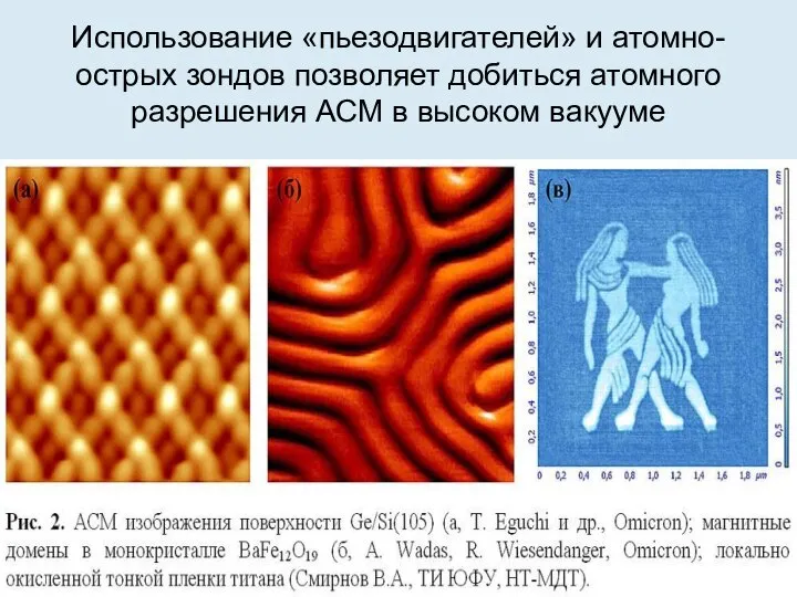 Использование «пьезодвигателей» и атомно-острых зондов позволяет добиться атомного разрешения АСМ в высоком вакууме
