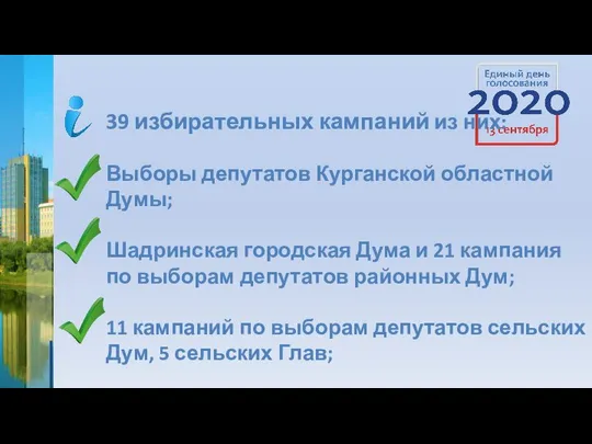 39 избирательных кампаний из них: Выборы депутатов Курганской областной Думы; Шадринская