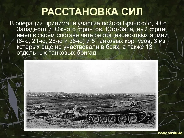 РАССТАНОВКА СИЛ В операции принимали участие войска Брянского, Юго-Западного и Южного