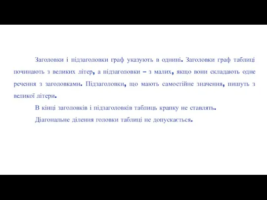 Заголовки і підзаголовки граф указують в однині. Заголовки граф таблиці починають