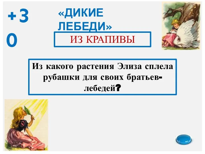 Из какого растения Элиза сплела рубашки для своих братьев-лебедей? ИЗ КРАПИВЫ «ДИКИЕ ЛЕБЕДИ» +30