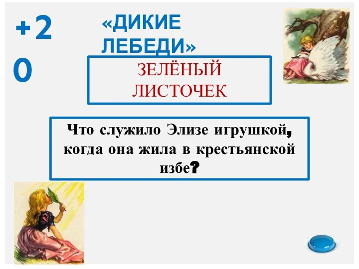 Что служило Элизе игрушкой, когда она жила в крестьянской избе? ЗЕЛЁНЫЙ ЛИСТОЧЕК «ДИКИЕ ЛЕБЕДИ» +20