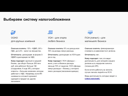 ОСНО для крупных компаний ПСН (патент) – для маленького бизнеса Выбираем