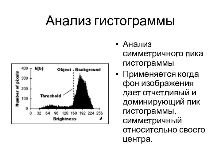 Анализ гистограммы Анализ симметричного пика гистограммы Применяется когда фон изображения дает