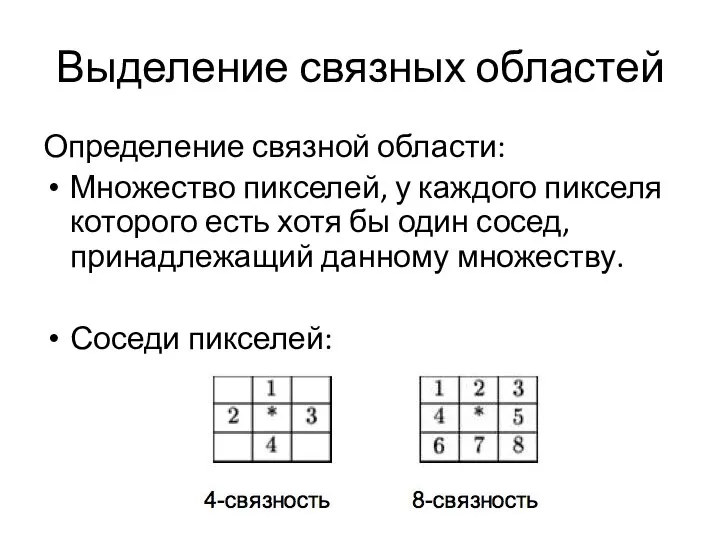 Выделение связных областей Определение связной области: Множество пикселей, у каждого пикселя