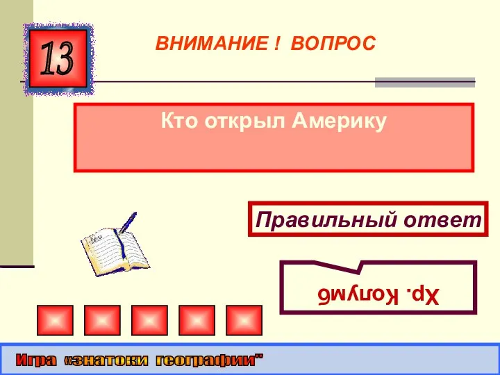 Кто открыл Америку 13 Правильный ответ Хр. Колумб Игра «знатоки географии" ВНИМАНИЕ ! ВОПРОС