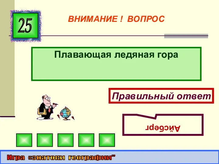 Плавающая ледяная гора 25 Правильный ответ Айсберг Игра «знатоки географии" ВНИМАНИЕ ! ВОПРОС