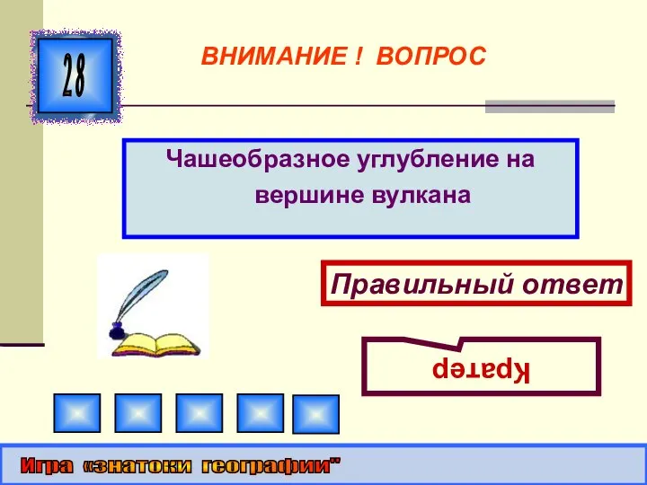 Чашеобразное углубление на вершине вулкана 2 8 Правильный ответ Кратер Игра «знатоки географии" ВНИМАНИЕ ! ВОПРОС