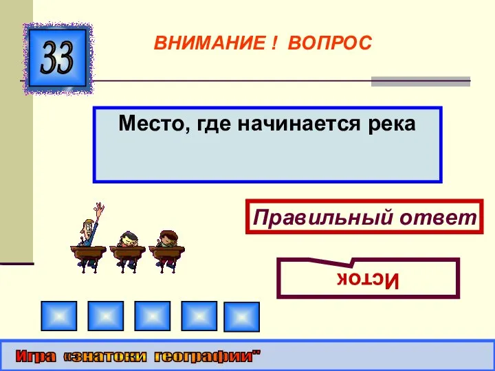 Место, где начинается река 33 Правильный ответ Исток Игра «знатоки географии" ВНИМАНИЕ ! ВОПРОС