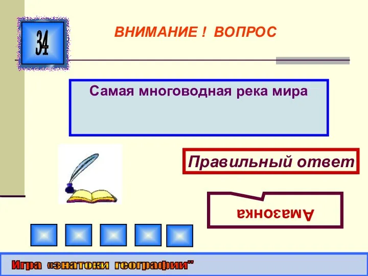 Самая многоводная река мира 34 Правильный ответ Амазонка Игра «знатоки географии" ВНИМАНИЕ ! ВОПРОС