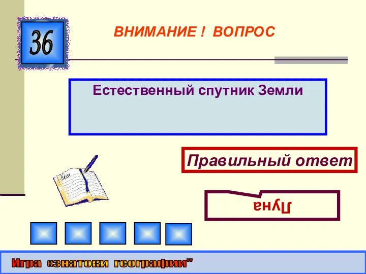 Естественный спутник Земли 36 Правильный ответ Луна Игра «знатоки географии" ВНИМАНИЕ ! ВОПРОС