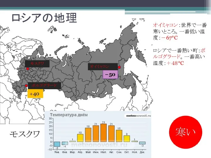 ロシアの地理 モスクワ ボルゴグラード +40 −50 オイミャコン モスクワ オイミャコン：世界で一番寒いところ。一番低い温度：－67°C ロシアで一番熱い町：ボルゴグラード。一番高い温度：＋４８°C