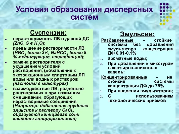 Условия образования дисперсных систем Суспензии: нерастворимость ЛВ в данной ДС (ZnО,