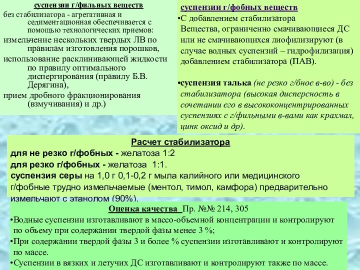 суспензии г/фильных веществ без стабилизатора - агрегативная и седиментационная обеспечивается с