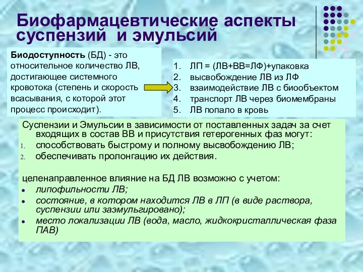 Биофармацевтические аспекты суспензий и эмульсий Суспензии и Эмульсии в зависимости от