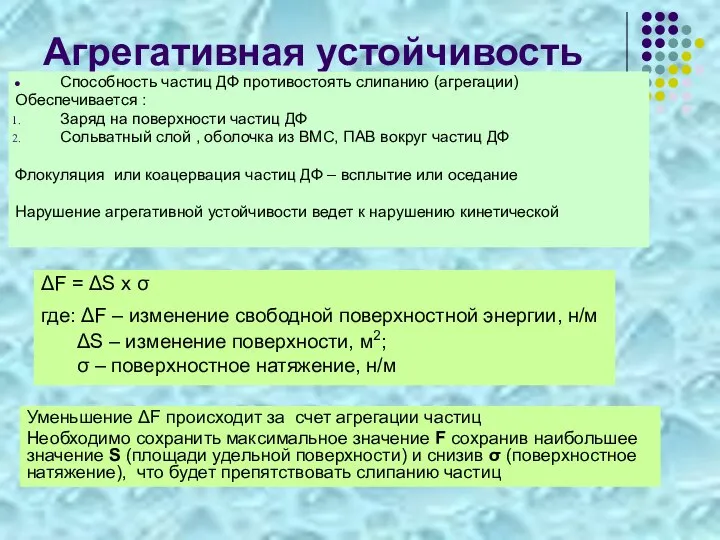 Агрегативная устойчивость Способность частиц ДФ противостоять слипанию (агрегации) Обеспечивается : Заряд