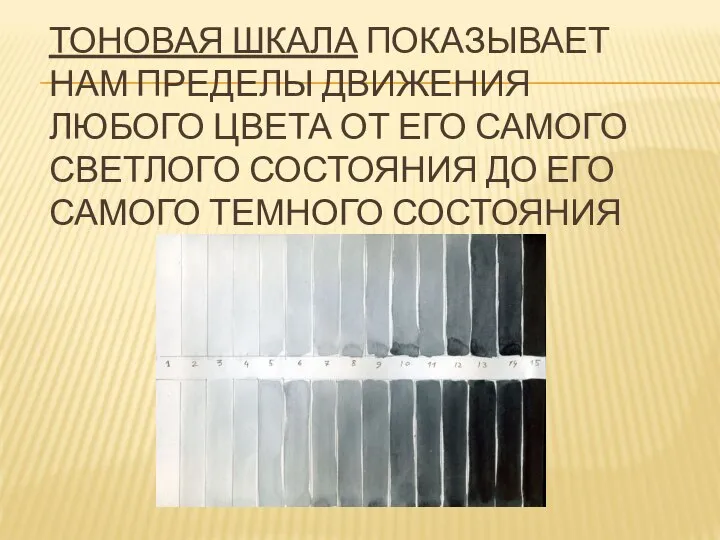 ТОНОВАЯ ШКАЛА ПОКАЗЫВАЕТ НАМ ПРЕДЕЛЫ ДВИЖЕНИЯ ЛЮБОГО ЦВЕТА ОТ ЕГО САМОГО