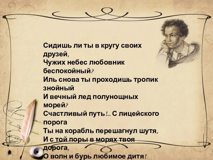 Сидишь ли ты в кругу своих друзей, Чужих небес любовник беспокойный?