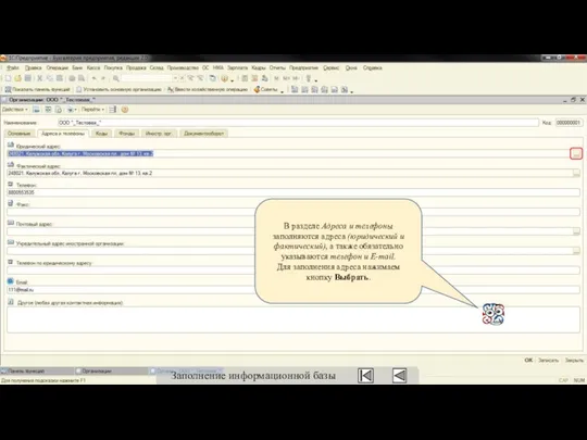 В разделе Адреса и телефоны заполняются адреса (юридический и фактический), а