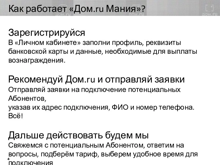 Как работает «Дом.ru Мания»? Зарегистрируйся В «Личном кабинете» заполни профиль, реквизиты