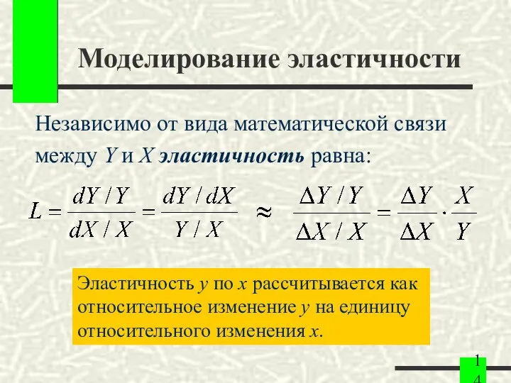 Моделирование эластичности Независимо от вида математической связи между Y и X