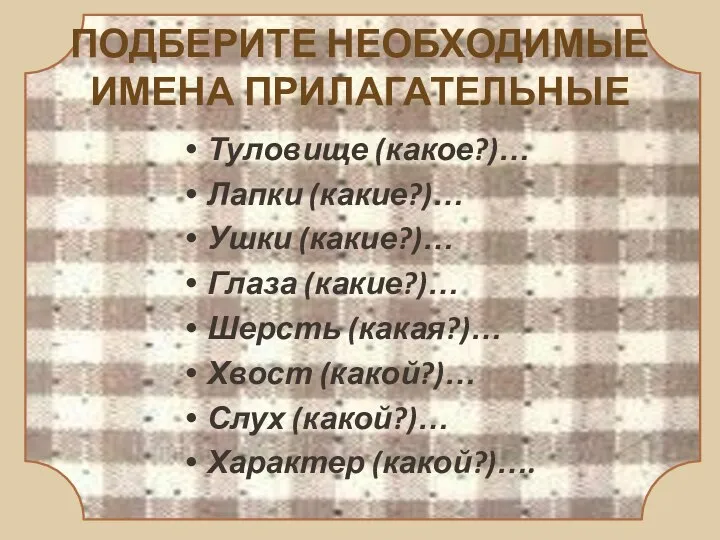 ПОДБЕРИТЕ НЕОБХОДИМЫЕ ИМЕНА ПРИЛАГАТЕЛЬНЫЕ Туловище (какое?)… Лапки (какие?)… Ушки (какие?)… Глаза