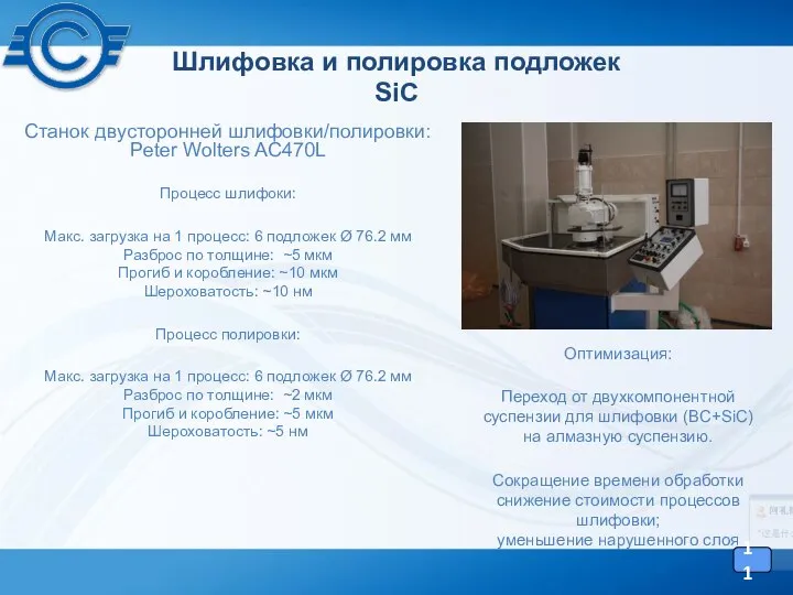 Шлифовка и полировка подложек SiC 11 Станок двусторонней шлифовки/полировки: Peter Wolters