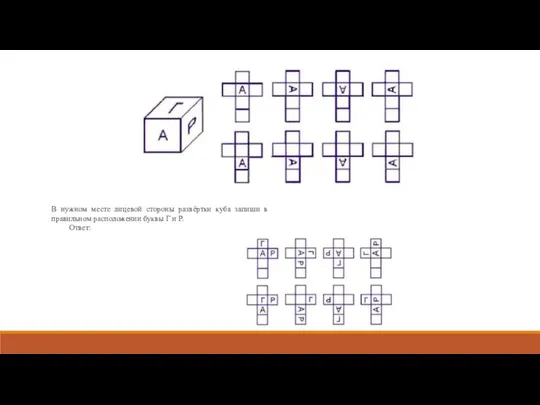 В нужном месте лицевой стороны развёртки куба запиши в правильном расположении буквы Г и Р. Ответ:
