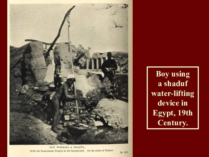 Boy using a shaduf water-lifting device in Egypt, 19th Century.