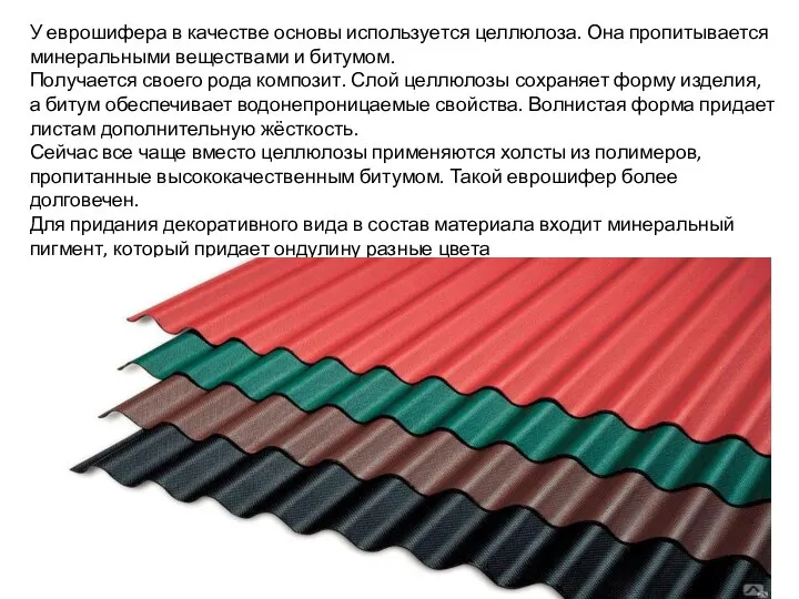 У еврошифера в качестве основы используется целлюлоза. Она пропитывается минеральными веществами