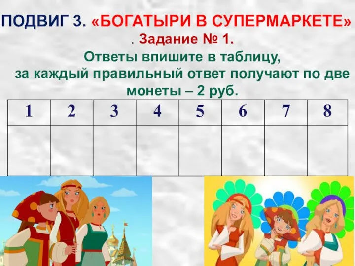 ПОДВИГ 3. «БОГАТЫРИ В СУПЕРМАРКЕТЕ» . Задание № 1. Ответы впишите