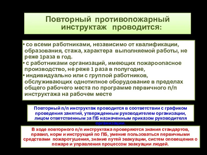 Повторный противопожарный инструктаж проводится: со всеми работниками, независимо от квалификации, образования,