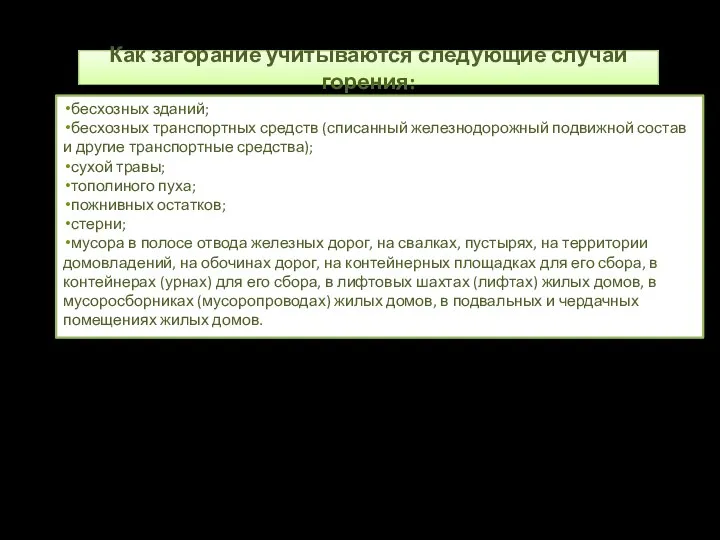 Как загорание учитываются следующие случаи горения: бесхозных зданий; бесхозных транспортных средств