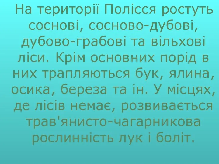 На території Полісся ростуть соснові, сосново-дубові, дубово-грабові та вільхові ліси. Крім