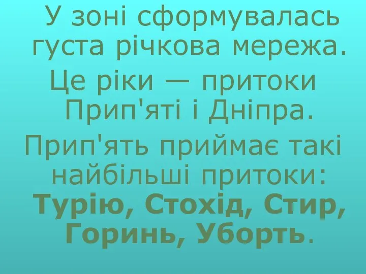 У зоні сформувалась густа річкова мережа. Це ріки — притоки Прип'яті