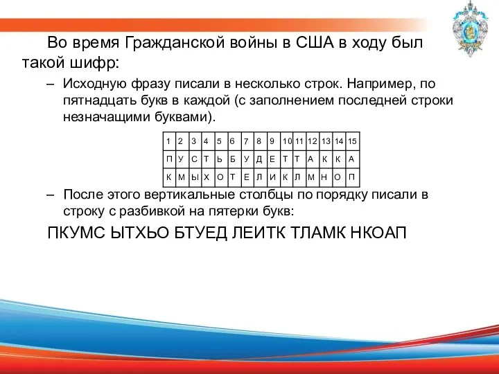 Во время Гражданской войны в США в ходу был такой шифр: