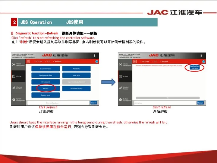 Diagnostic function –Refresh 诊断具体功能——刷新 Click "refresh" to start refreshing the controller