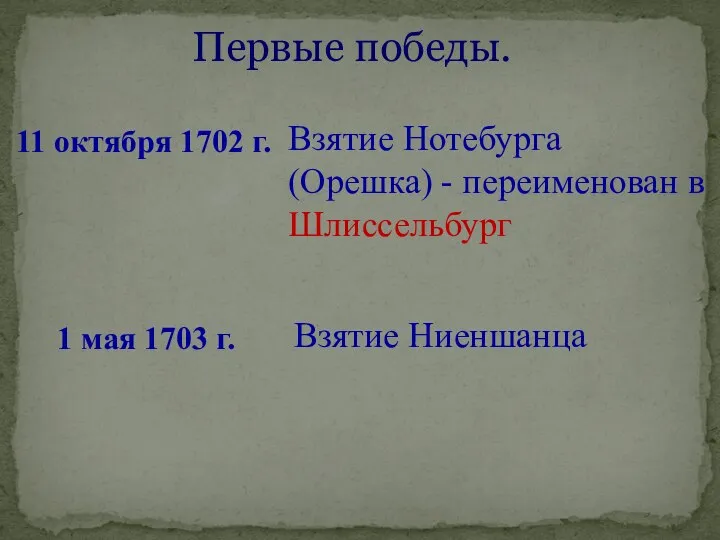 Первые победы. 11 октября 1702 г. Взятие Нотебурга (Орешка) - переименован