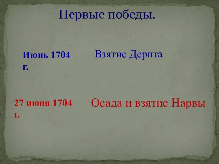 Первые победы. Июнь 1704 г. Взятие Дерпта 27 июня 1704 г. Осада и взятие Нарвы