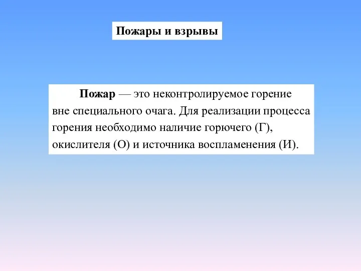 Пожары и взрывы Пожар — это неконтролируемое горение вне специального очага.